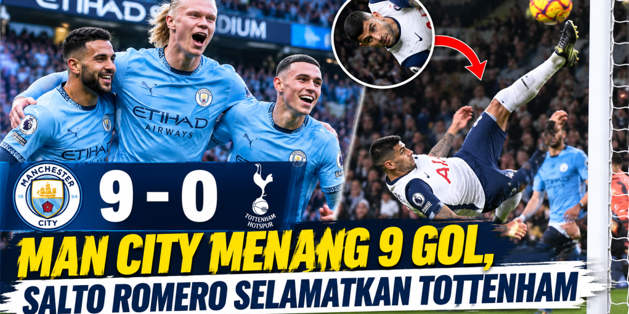 Man City Menang 9 Gol, Salto Romero Selamatkan Tottenham